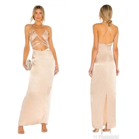 Michael Costello x REVOLVE Josie Cut Out Gown in Nude Satin Halter Maxi Dress - Picture 1 of 7